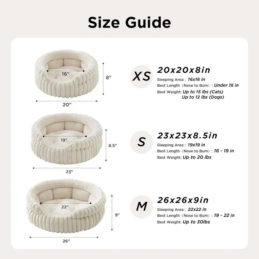 Washable Round Cute Pet Beds Indoor Cats, Super Soft Corduroy Kitten Bed with Anti-Slip Bottom, 20''x20''x8'', Cream