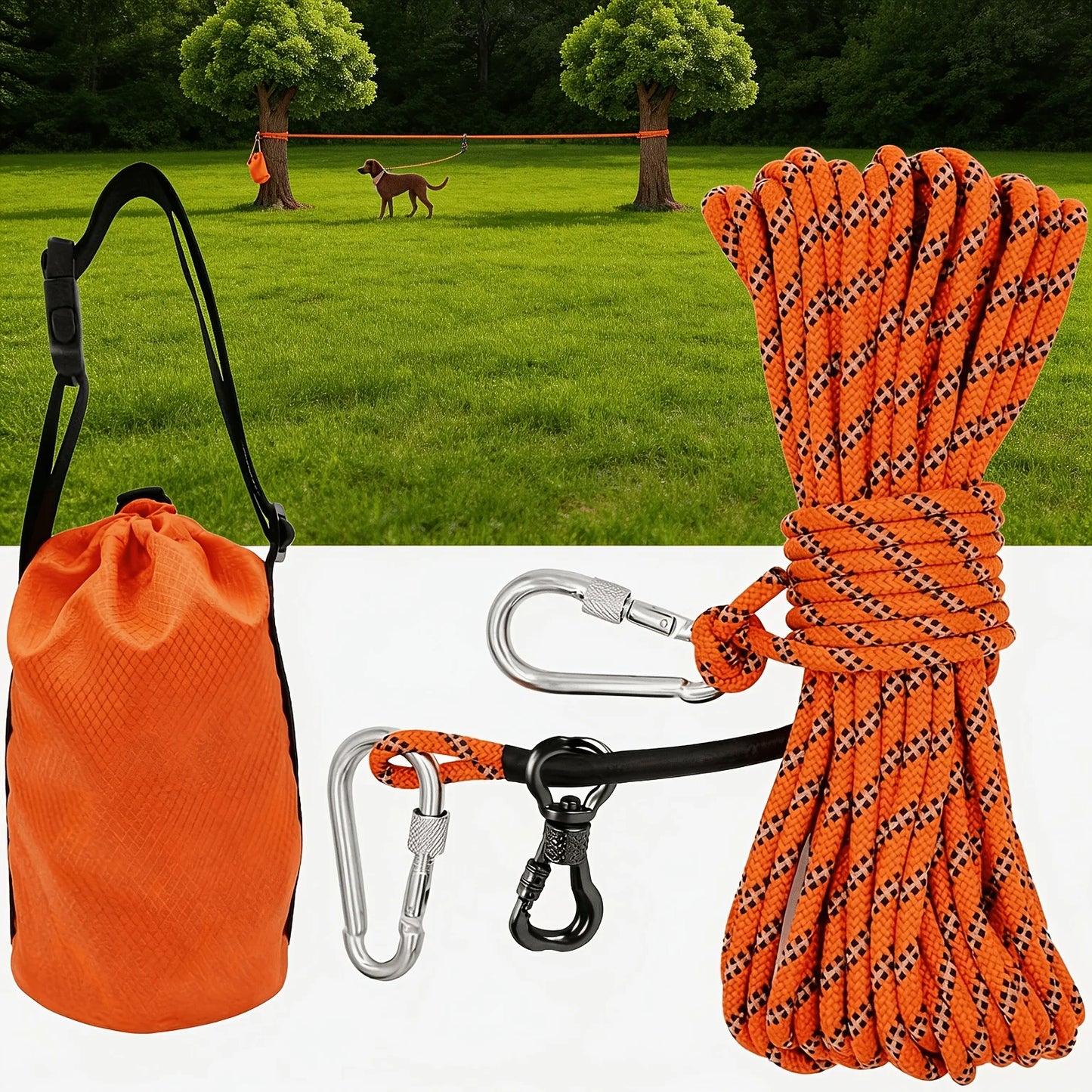 Dog Tie-out Cable for Camping, 50/75/100ft Portable Overhead Trolley System W/ Reflective Design, up to 200lbs, Dog Lead for Yard, Camping, Parks, Orange/Green/Blue