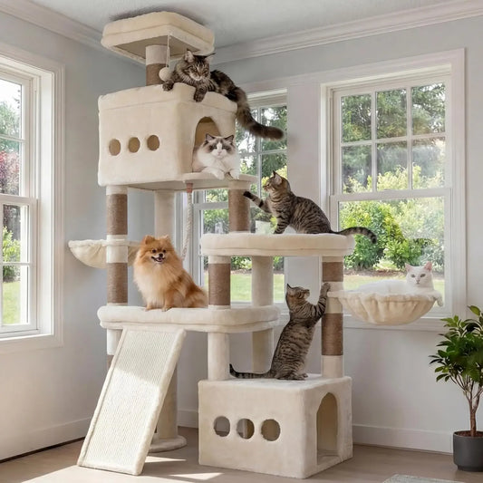 72.4" Anti-Tip Cat Tree for Large Cats, All-in-One Furniture with Scratching Board, Beige