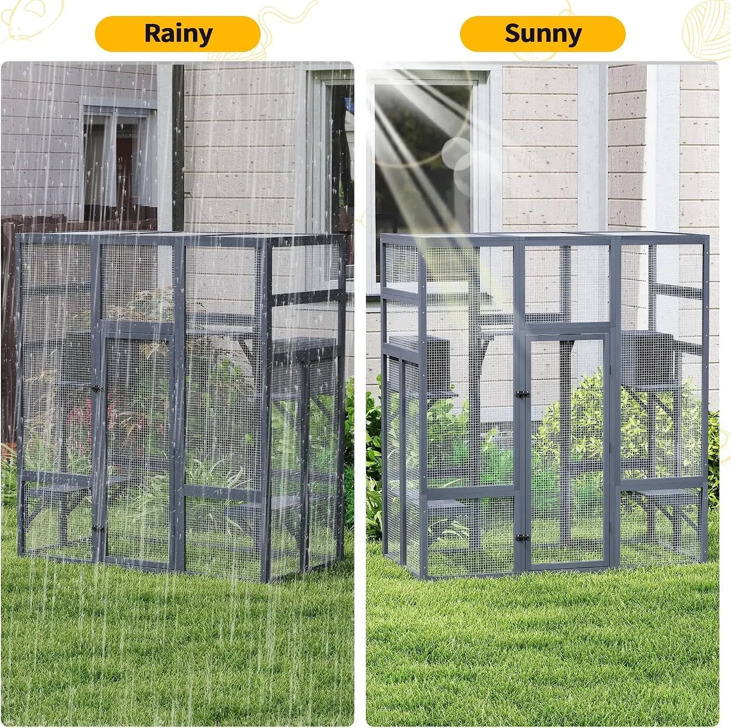 Large Wood Catio Outdoor Cat Enclosure with Waterproof Roof, 5 Platforms & 2 Resting Boxes, UV Resistant (Grey)