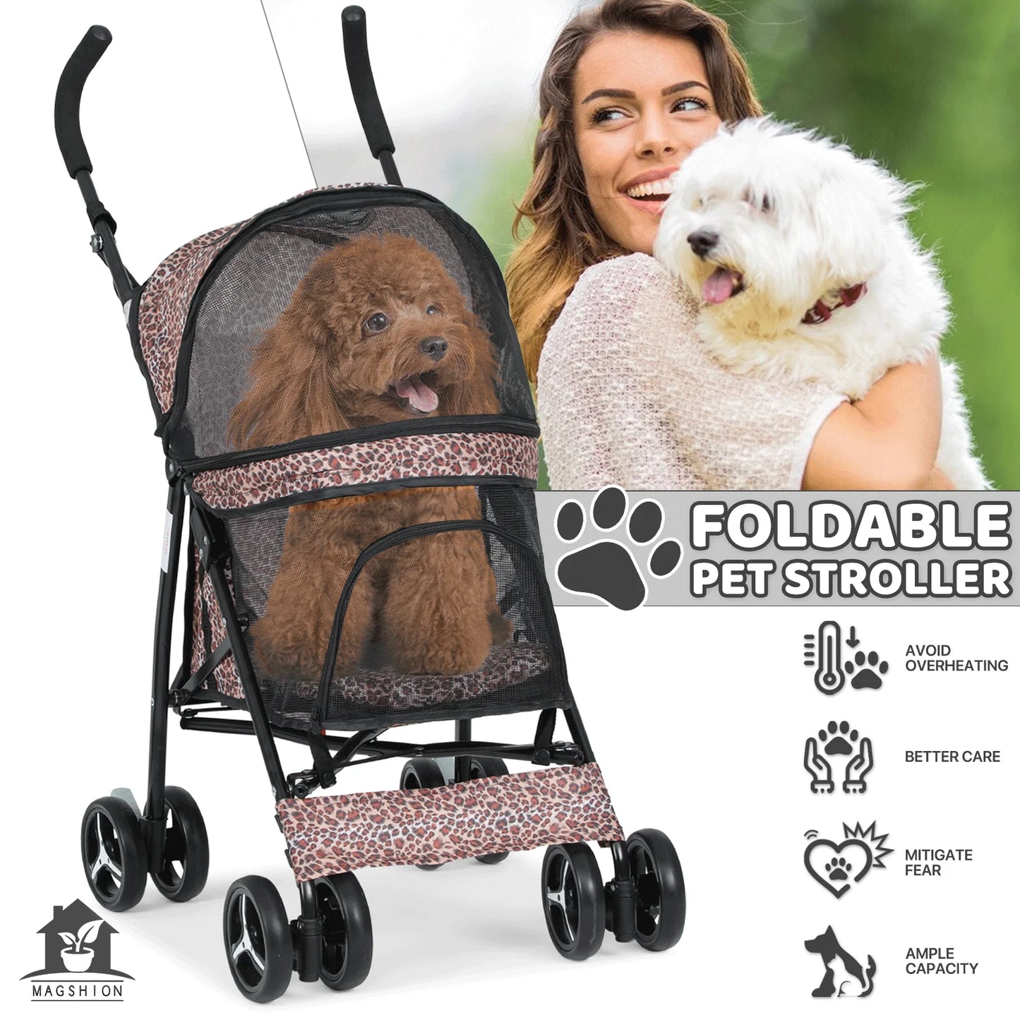 Magshion 4 Wheels Pet Dog Cat Stroller for Small Medium Dogs Cats, Foldable Jogger Stroller w/Storage Basket and Cup Holder