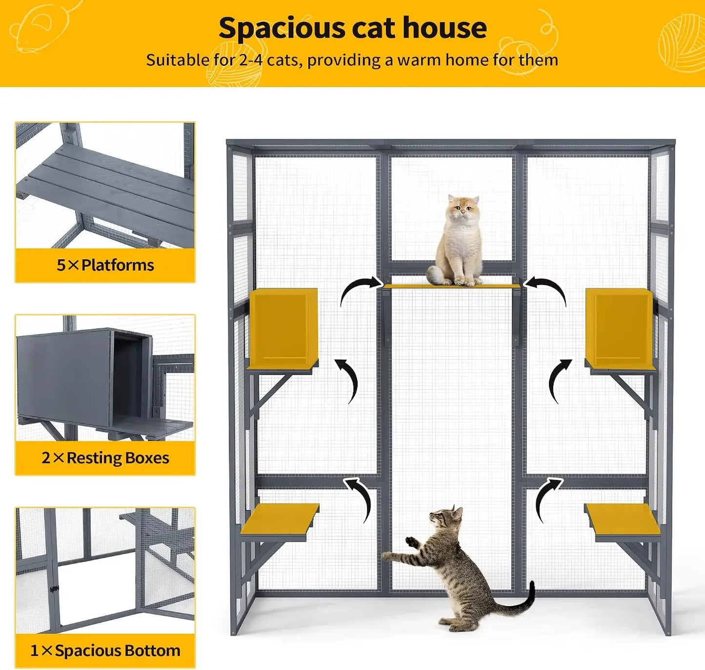 Large Wood Catio Outdoor Cat Enclosure with Waterproof Roof, 5 Platforms & 2 Resting Boxes, UV Resistant (Grey)