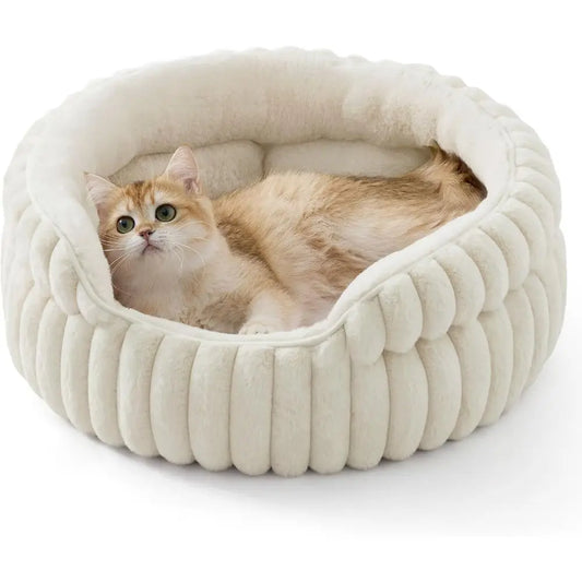 Washable Round Cute Pet Beds Indoor Cats, Super Soft Corduroy Kitten Bed with Anti-Slip Bottom, 20''x20''x8'', Cream