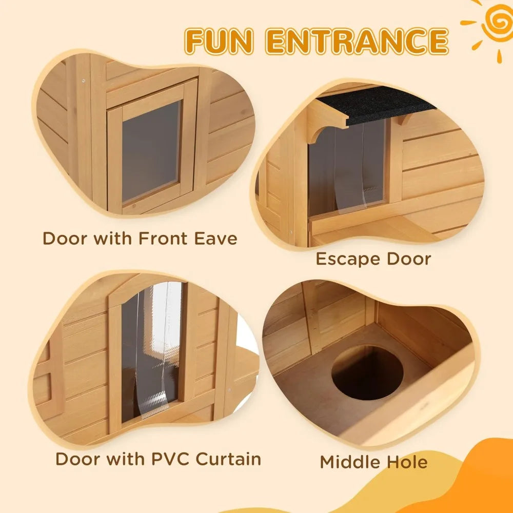 pawhut 2-story cat house outdoor, weatherproof wooden cat enclosure for feral cats with escape door, openable roof, jumping plat