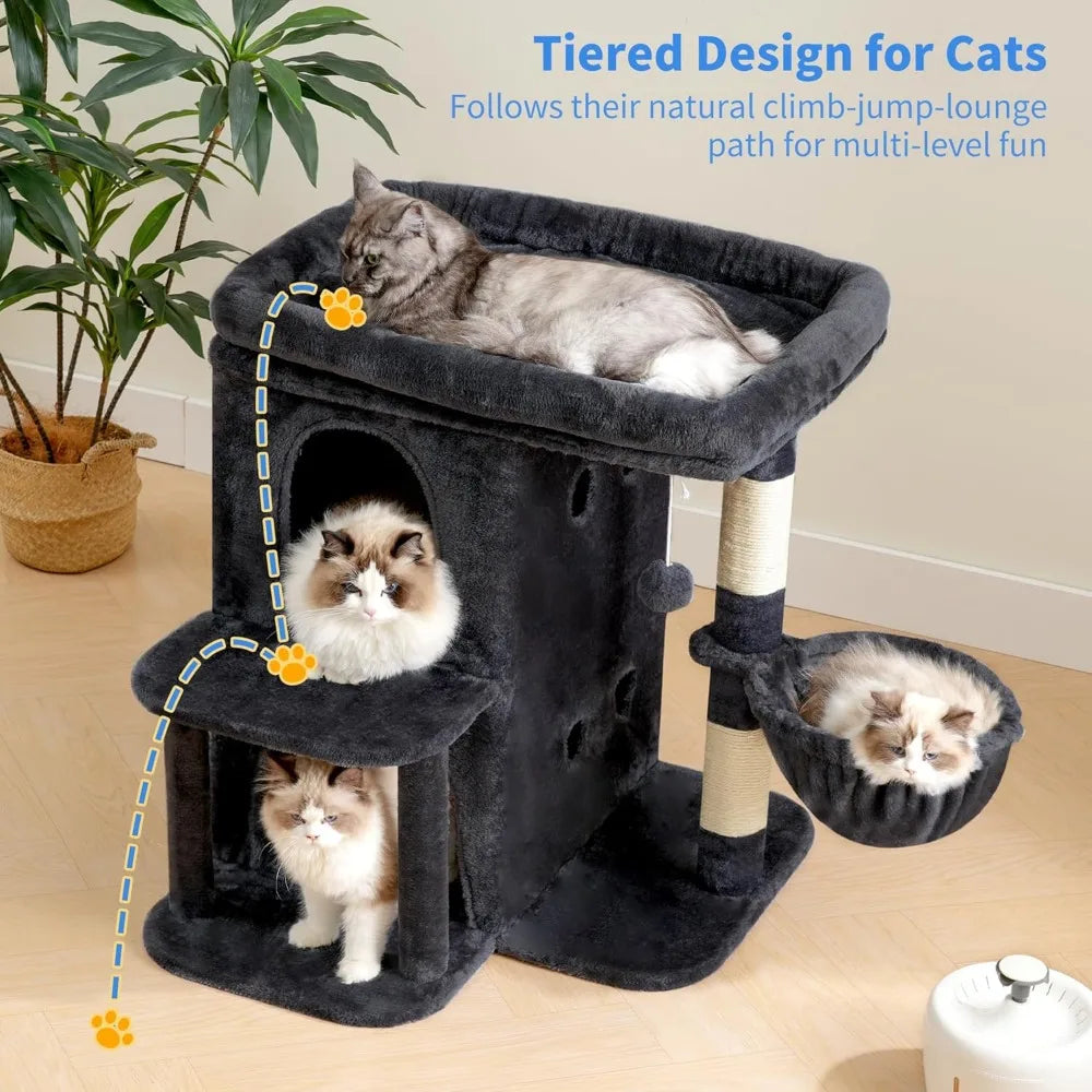25.6 inch tall cat tower with large perch dual condos sisal posts cozy basket and dangling toy for big cats