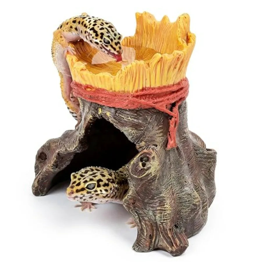 Resin Reptile Hide with Integrated Basin Decorative Cave and Bowl for Terrarium Setup, Suitable for Bearded Dragon, Gecko, Turt