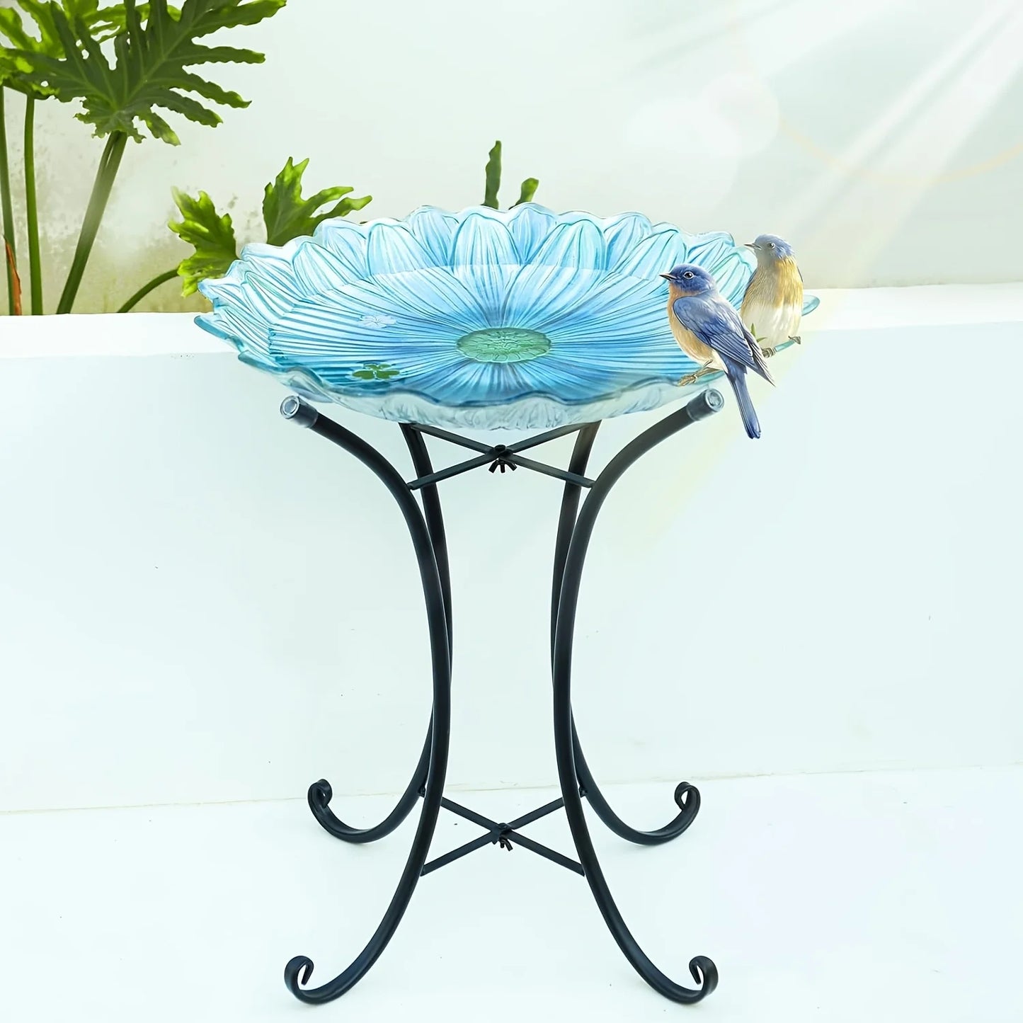Large Glass Birdbath with Metal Stand – Elegant Green Flower Design, Perfect for Garden, Lawn, and Yard Decor, Outdoor Bird Bath | Floral Design | Intricate Petal Detailing