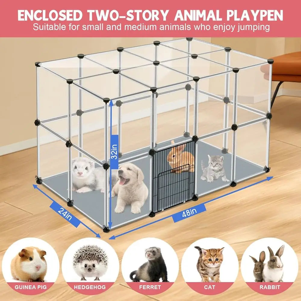 Compact 32-Panel Animal Playpen, 48 x 32 x 24 Clear Enclosure with Waterproof Mat, Ideal for Pets Indoor Use