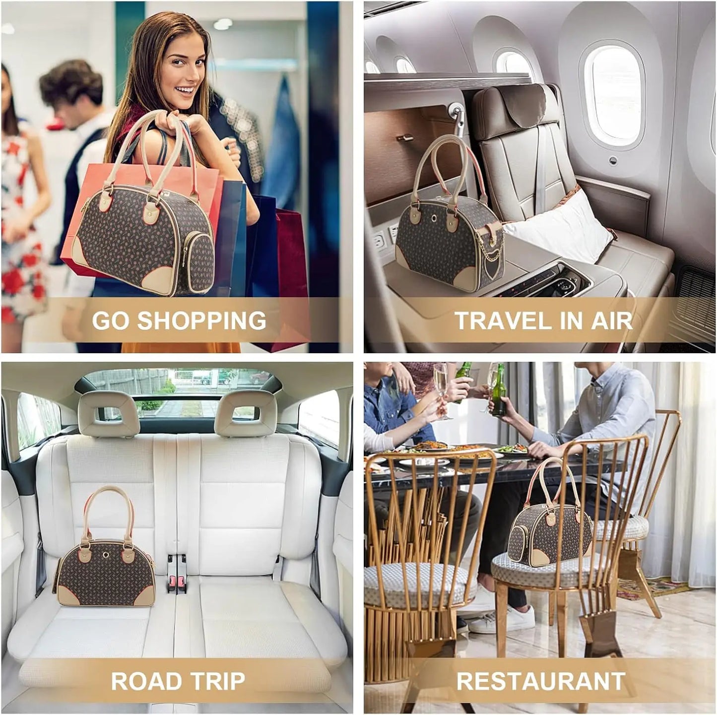 Fashion Dog Carrier PU Leather Handbag Pet Tote Hiking Bag Brown Small 38x23x17cm