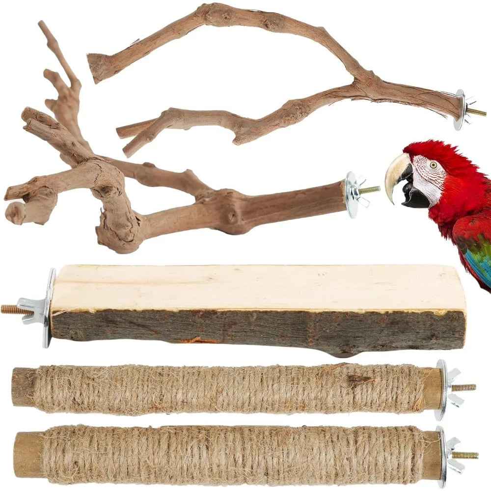 Natural Wood Bird Perch Set 5PCS Paw Grinding Fork Branch with Rope for Medium Birds Cage Accessories