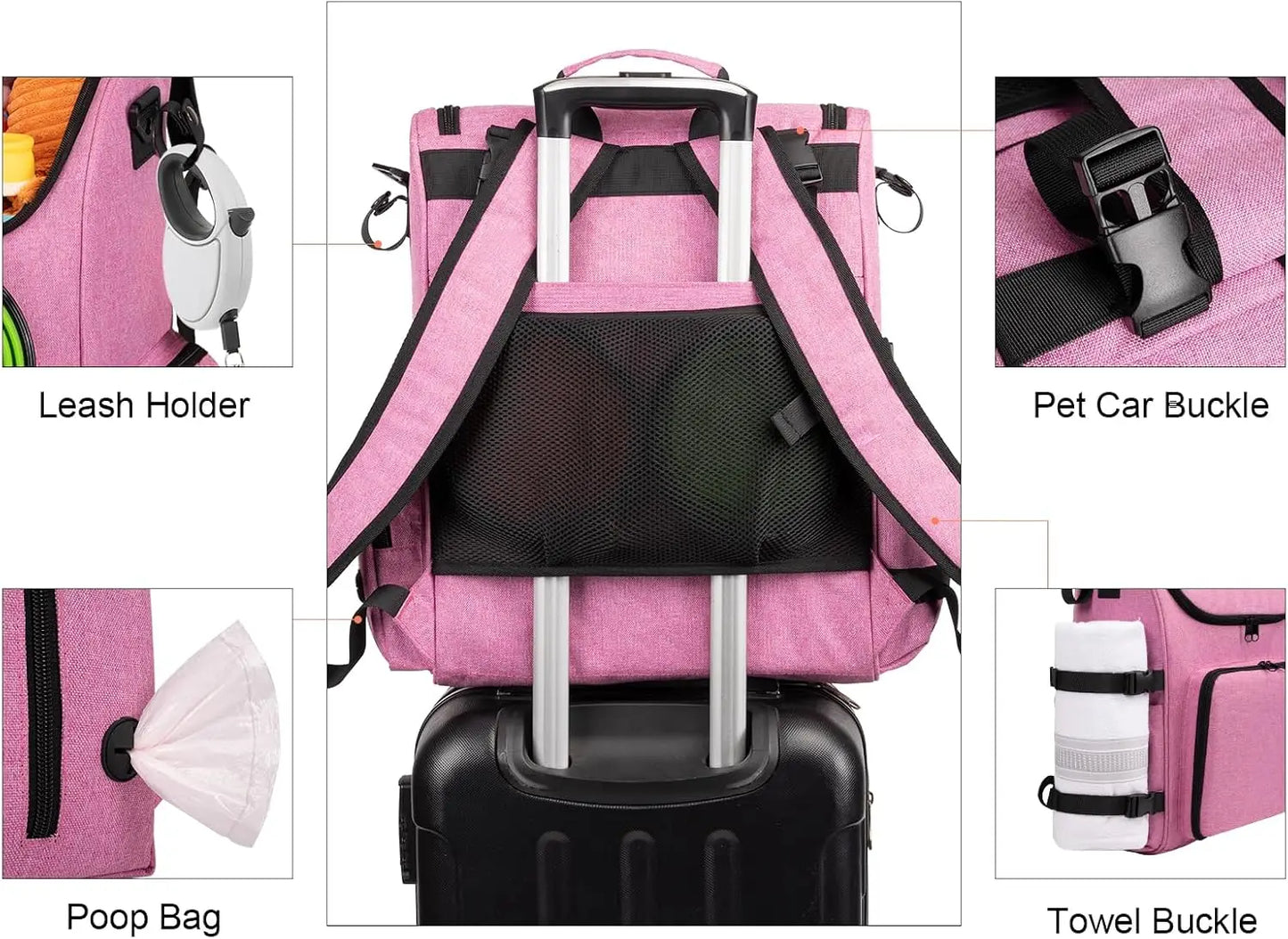 Airline Approved Dog Travel Bag Backpack, Pet Carrier Organizer with Bowls, Food Containers, Mat, Pink