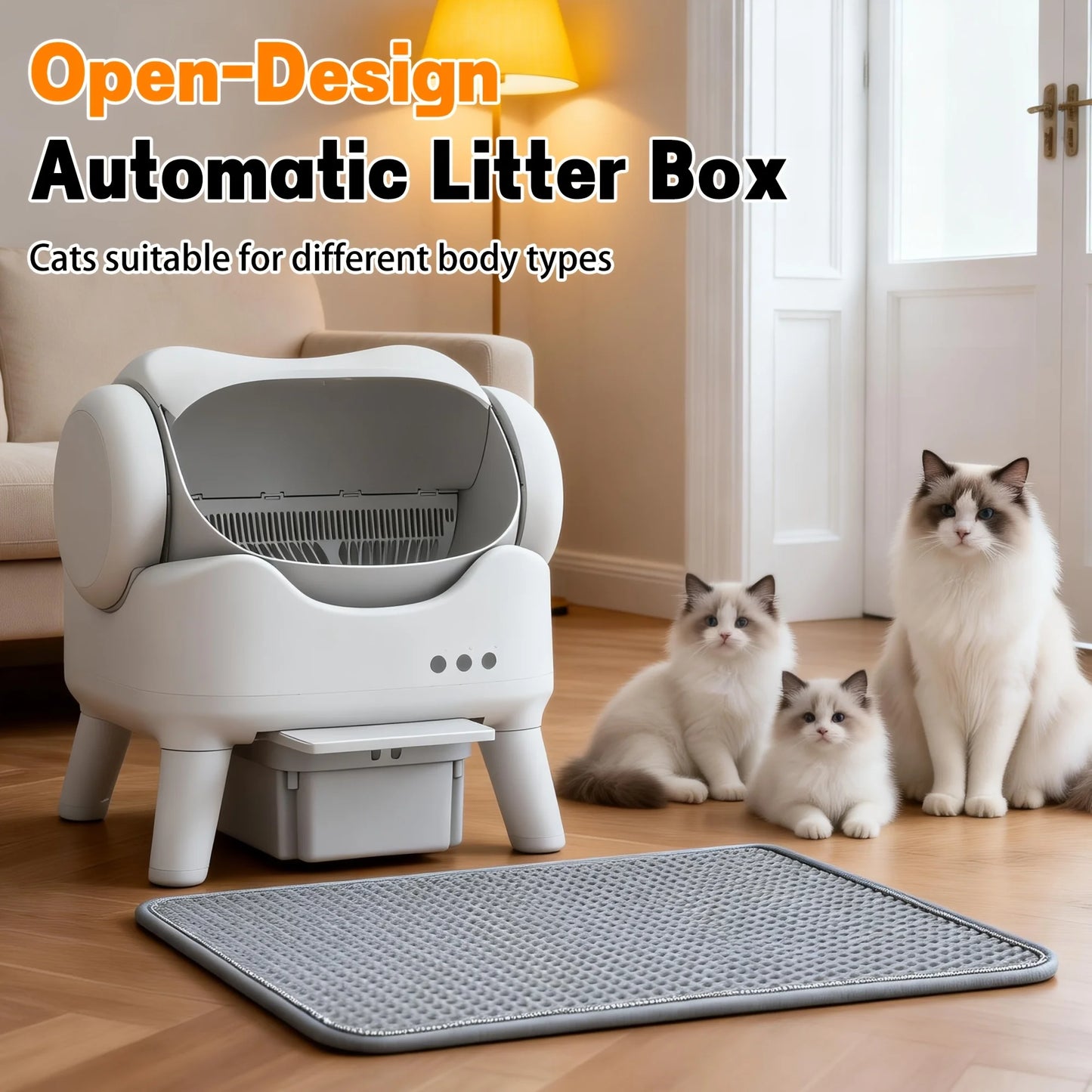 Automatic Self-Cleaning Litter Box, Large Capacity 4.23gal Waste Bin For Multiple Cats, Open Top Design, Removable Washable Liner, Odor Control, Includes 1 Cat Litter Mat, Without Battery