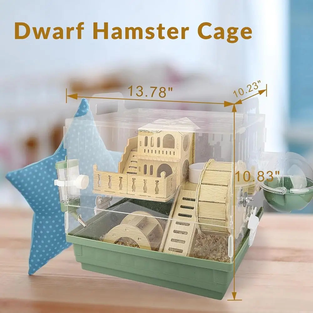 2-Tier Acrylic Hamster Habitat with Wooden Wheel & Hideout, Green Small Pet Mice House, 14L x 10W x 11H