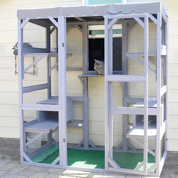 Catio Outdoor Cat Enclosure Large Walk in Window Cat House for Multiple Cats with 7 Platforms and 2 Resting Boxes, Tarp