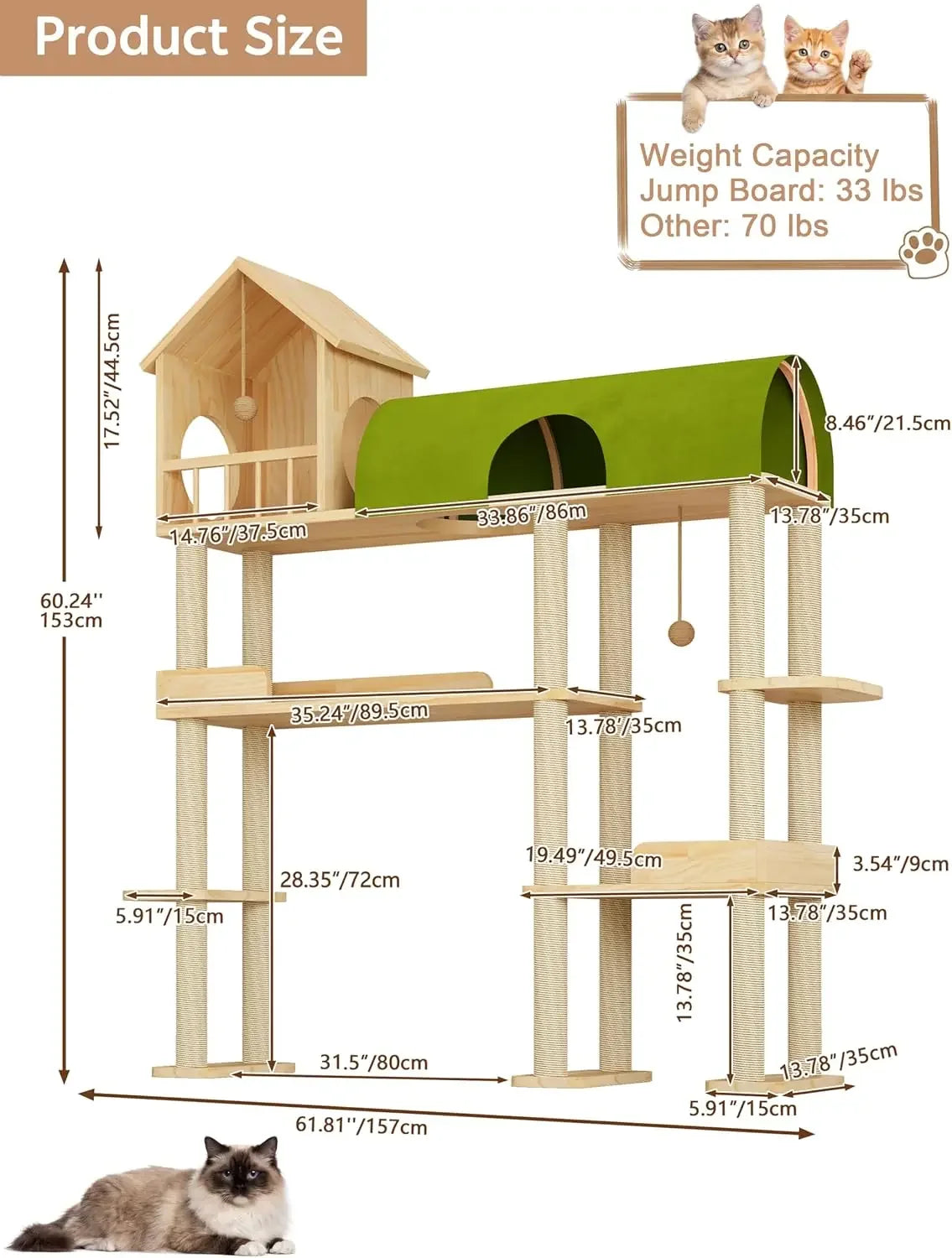 60in Solid Wood Cat Tower for Heavy Cats, Space-Saving with Litter Box Area, Multi-Level for Indoor Multi-Pet Homes