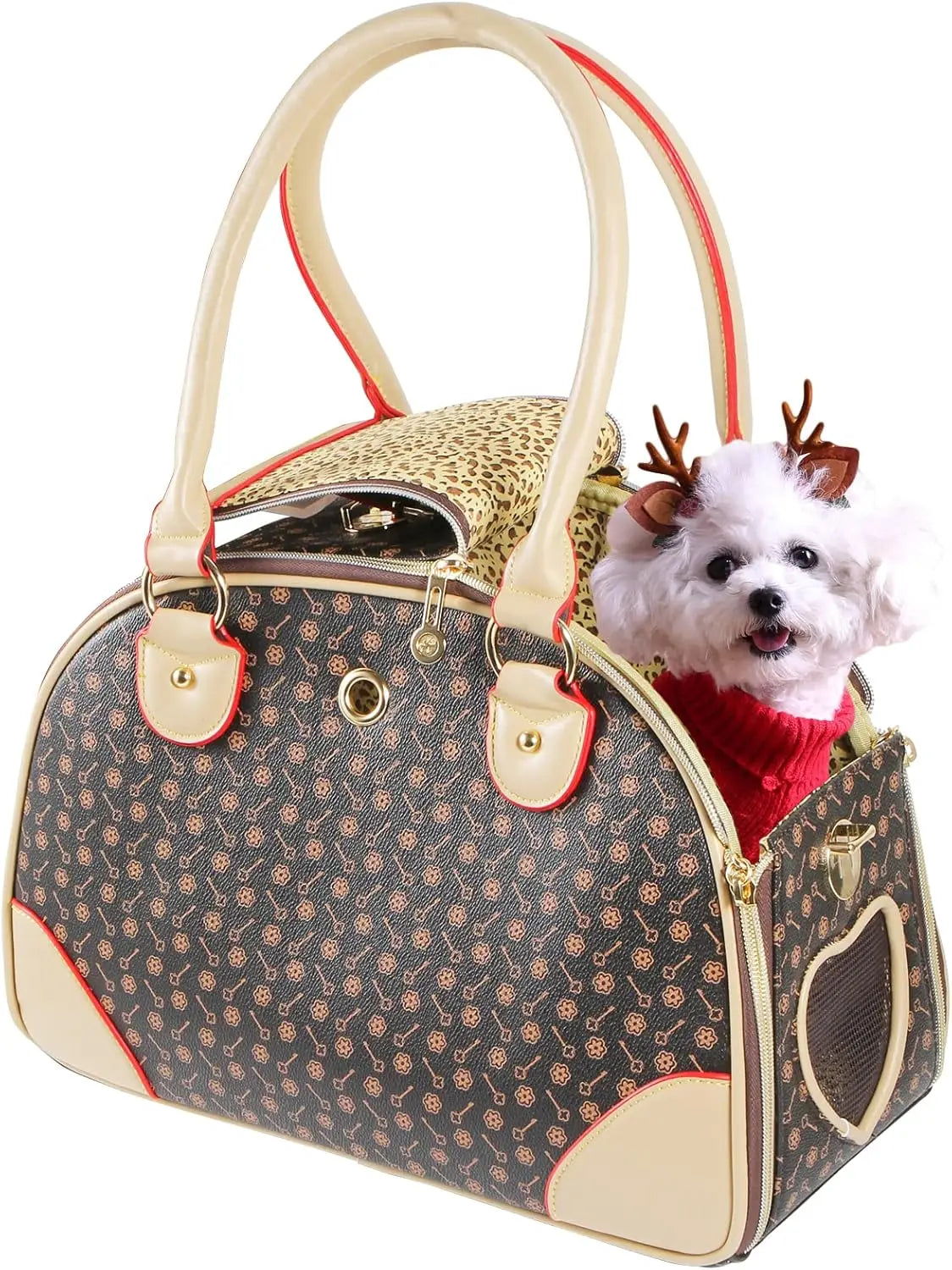 Fashion Dog Carrier PU Leather Handbag Pet Tote Hiking Bag Brown Small 38x23x17cm