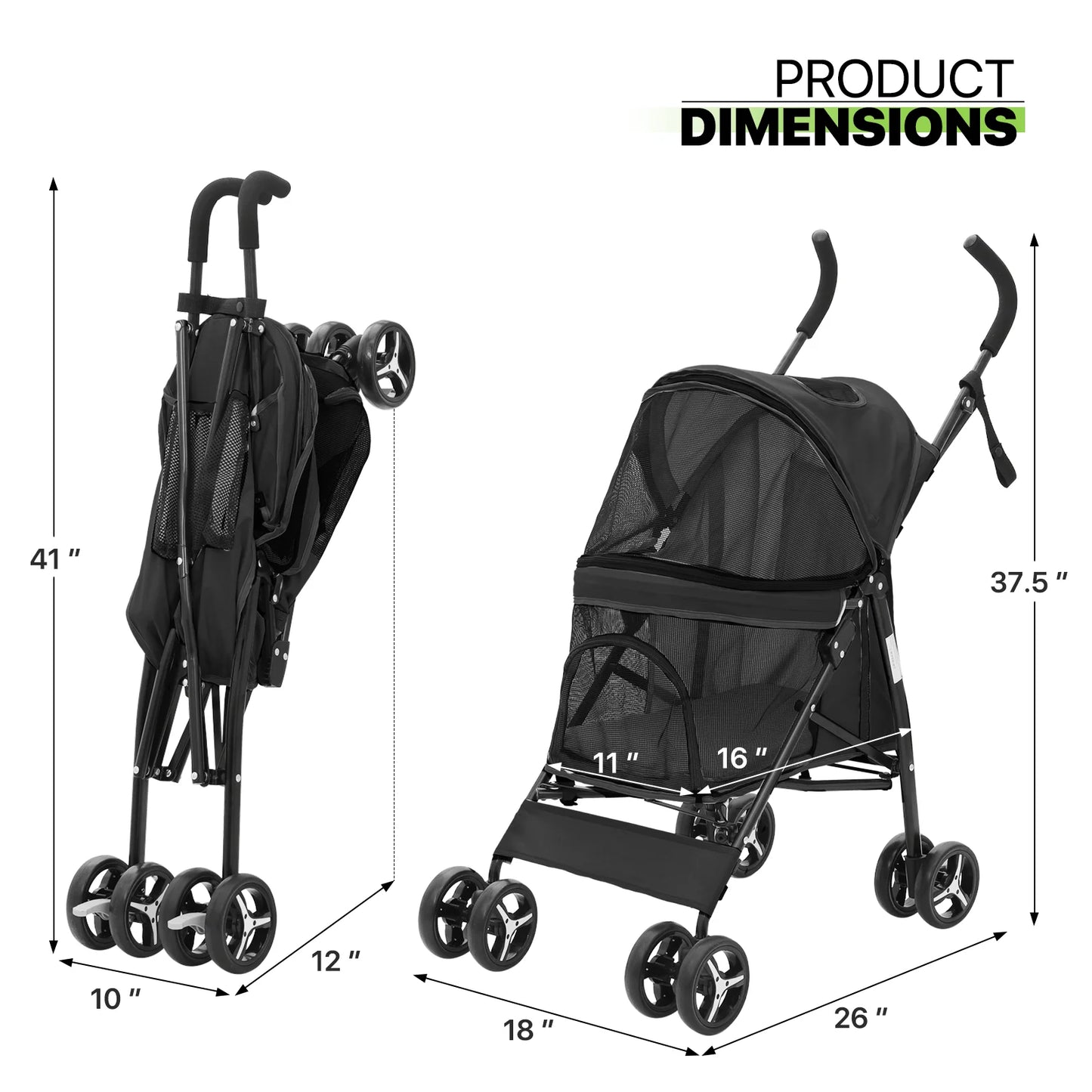 Magshion 4 Wheels Pet Dog Cat Stroller for Small Medium Dogs Cats, Foldable Jogger Stroller w/Storage Basket and Cup Holder