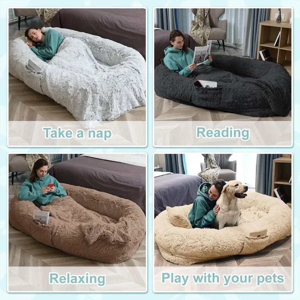 Hot salesExtra Large Human Dog Bed for Adults and Pets, Washable Faux Fur Orthopedic Cushion with Pillow, Blanket, Strap - Grey