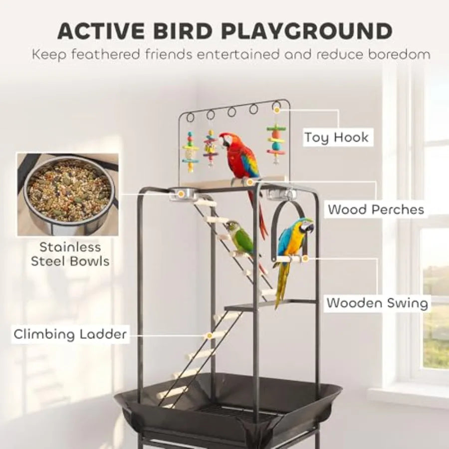 Rolling Bird Stand Parrot Playstand With Seed Guard Wheels