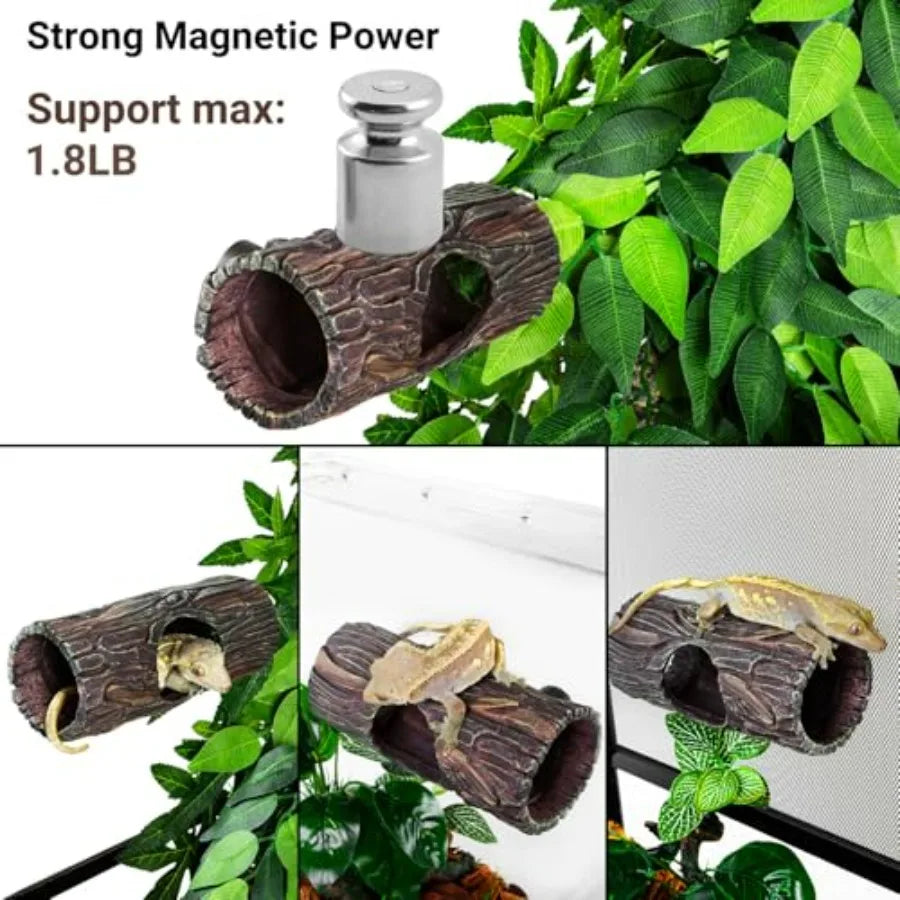 Magnetic Reptile Hide Cave Resin Hollow Tree Trunk Hideout, Gecko Hide with Strong Magnetic Climbing Toy Reptile Tank Accessori