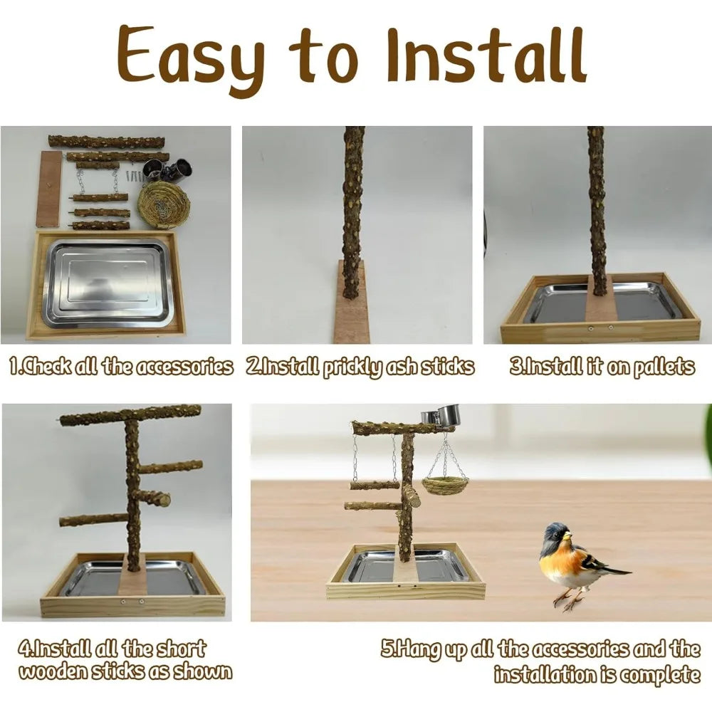 NBVCX Natural Wood Bird Perch Stand With Nest And Cups