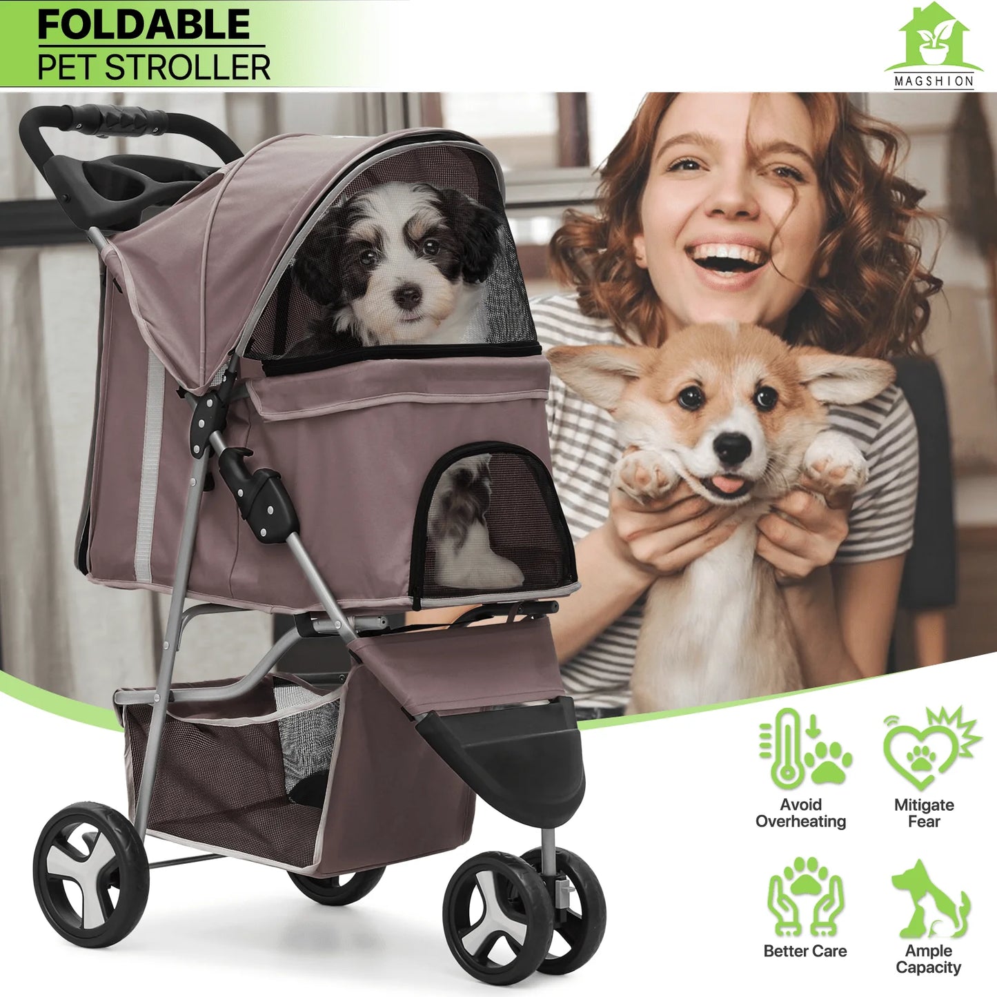 Magshion 3 Wheels Pet Dog Cat Stroller for Small Medium Dogs Cats, Foldable Jogger Stroller w/Storage Basket and Cup Holder