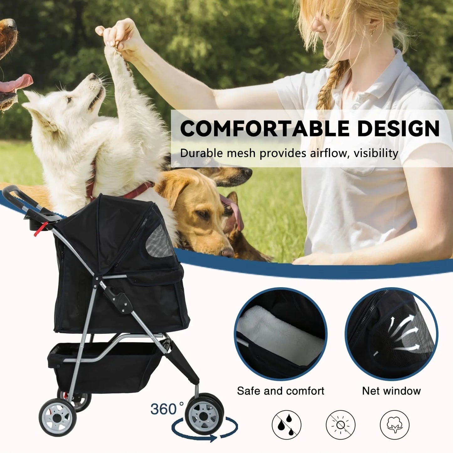 DOPINMIN Dog Stroller, 3 Wheels Pet Cat Jogger Stroller, Folding Carrier Waterproof Puppy Stroller With Cup Holder & Removable Liner, Dog Strollers For Small Dogs, For Small And Medium Pets