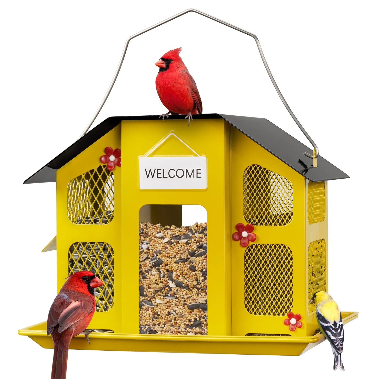 Kingsyard Metal Bird Feeders For Outdoors Hanging, Wild Bird Feeder For Cardinal, With Weatherproof Roof, 3 Different Seed Tray For Finch Sparrows Woodpeckers, 4 Lbs Large Capacity, Black Friday Items, Outdoor Decor, Christma