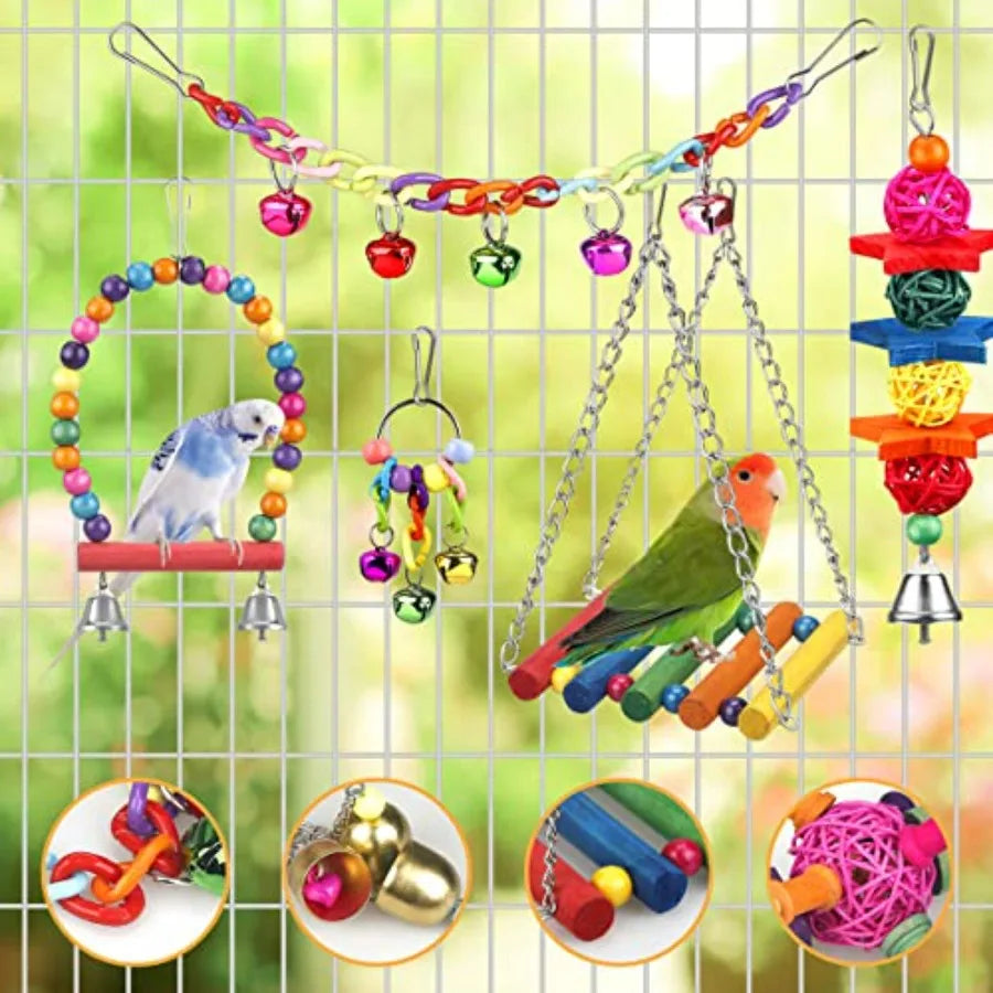 Bird Toys for Conures with Colorful Ladder Hammock Bird Cage Accerious Bird Perch Stand Chewing Toys Hanging Bell for Parrot Pa