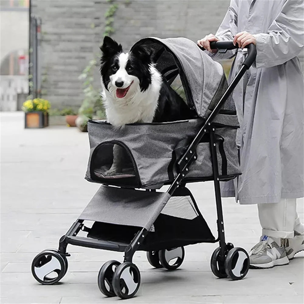 Foldable Pet Stroller With 4 Wheels And Rain Cover