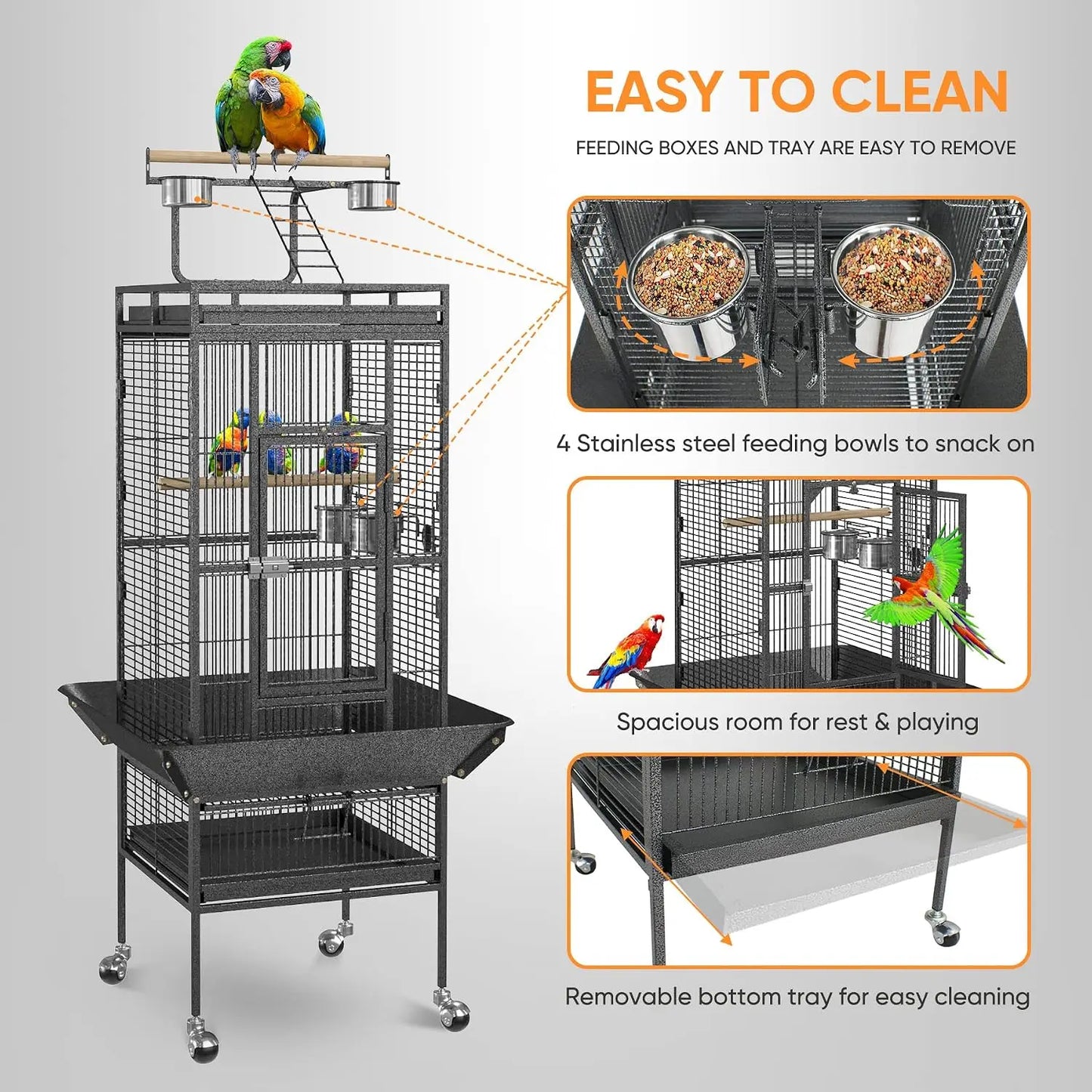 61 inch Iron Bird Cage, Play Top Parrot Cage with Rolling Stand for Parrot Cockatiels Parakeet Cage Macaw Finch Cockatoo Perch P