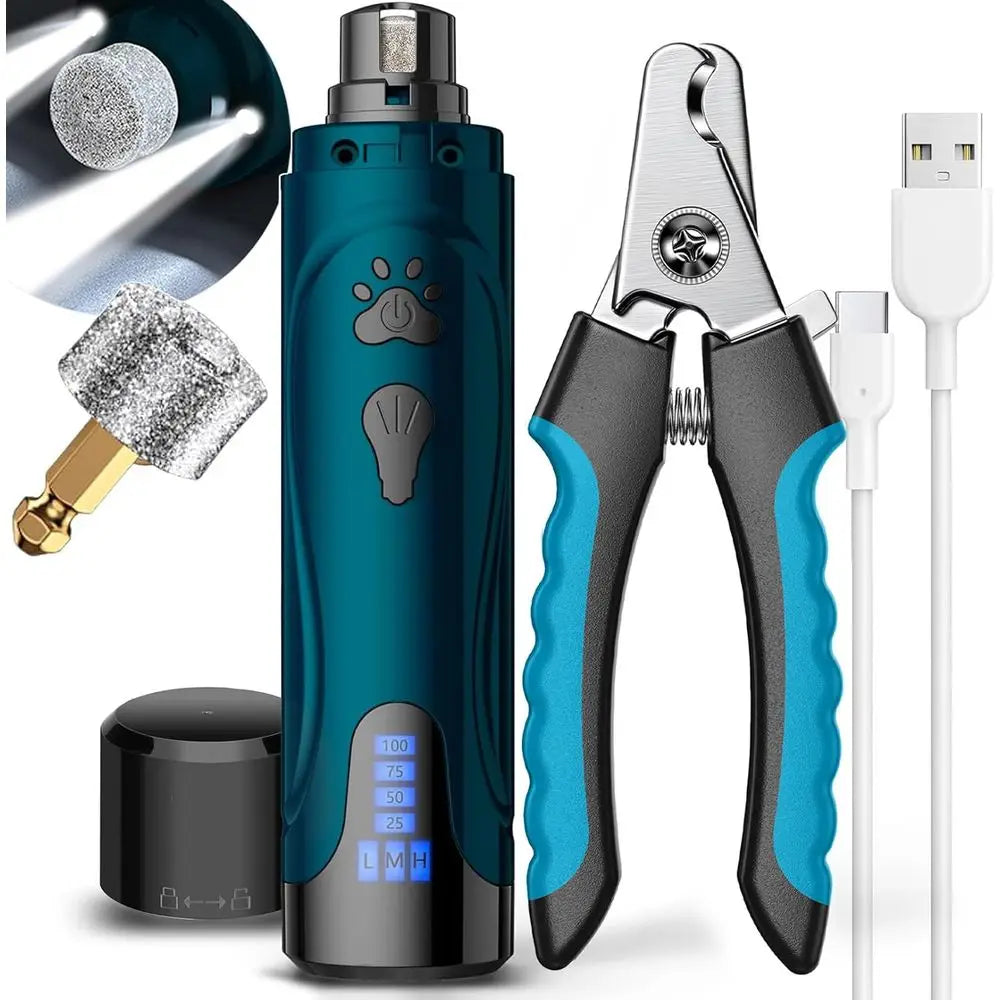 Super Quiet Dog Nail Grinder & Clippers Kit with 2 LED Lights, 3 Speeds Up to 12,000 RPM, Lower Than 30dB Electric Pet Nail Trim
