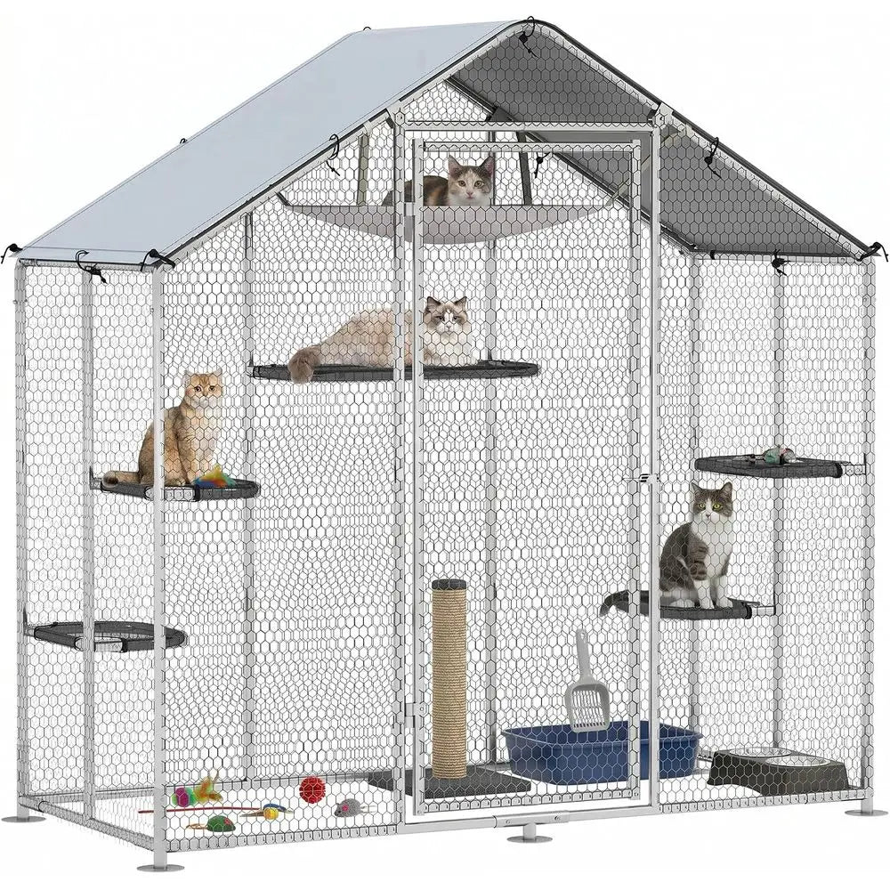 Large Catio Outdoor Cat Enclosure Chicken Coop Pointed Roo | Galvanized Steel Walk-in Cat Patio, Outdoor Kitty Cage, Waterproof