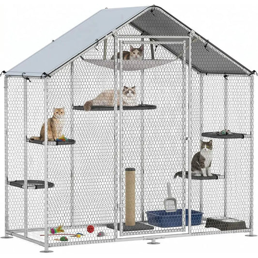 Large Catio Outdoor Cat Enclosure Chicken Coop Pointed Roo | Galvanized Steel Walk-in Cat Patio, Outdoor Kitty Cage, Waterproof