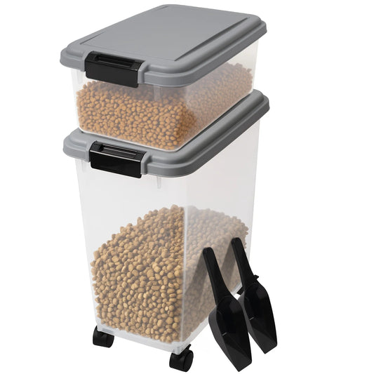 30LBS 11LBS Pet Food Storage Container with Wheels, Clear Plastic Bin with Snap-Lid Seal to Keep Kibble, Pellets Or Seeds Fresh for Dogs, Cats And Birds, 2 Cup Scoop