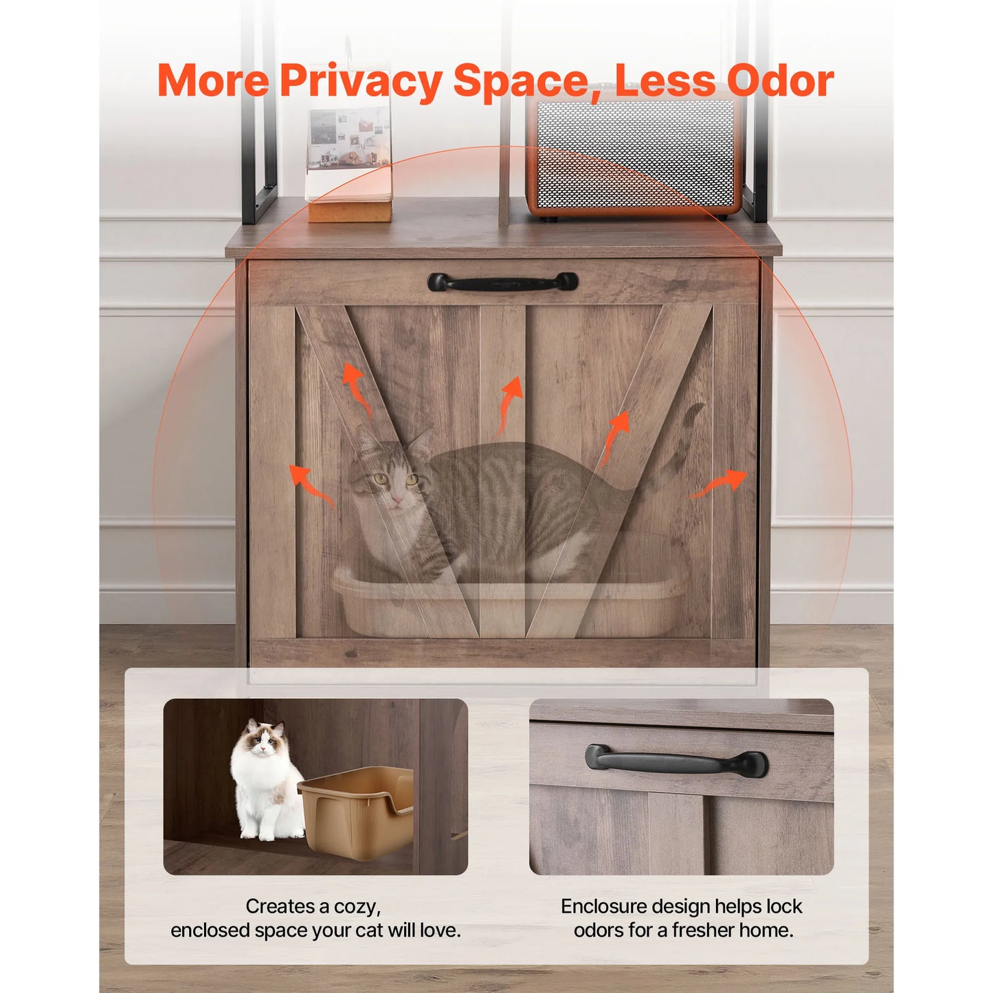 VEVOR Cat Litter Box Enclosure Furniture, 23.6 in / 27.6 in Hidden Litter Box Cabinet with Metal Legs & 2-Tier Storage Shelves, Cat Washroom Cat House, Fit Most of Litterbox, for Living Room White/light grey
