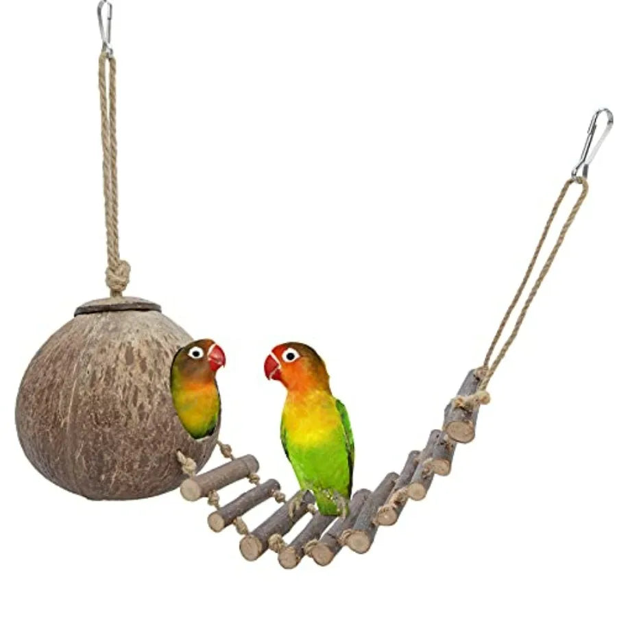 Natural Coconut Hideaway with Ladder, Bird and Small Animal Toy House with Ladder