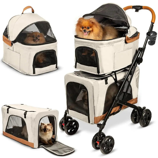 Ticify Double Pet Stroller With Detachable Carriers For Two Pets
