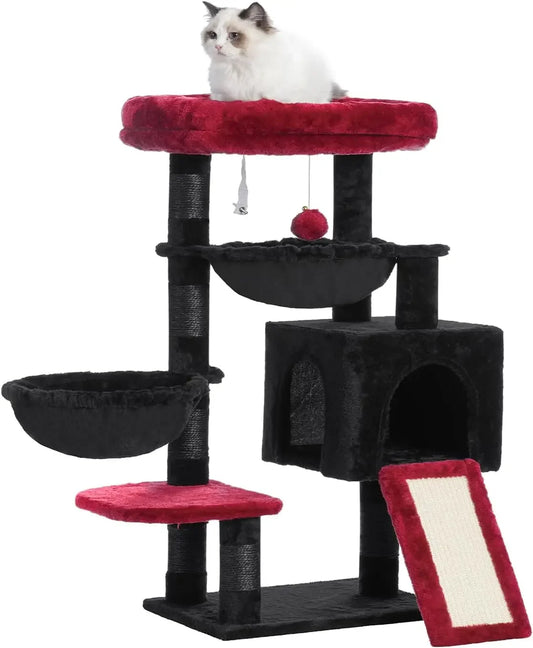Cat Tree for Indoor Cats, Large Padded Bed, Cozy Condo, Hammocks, Scratching Posts, Black and Red