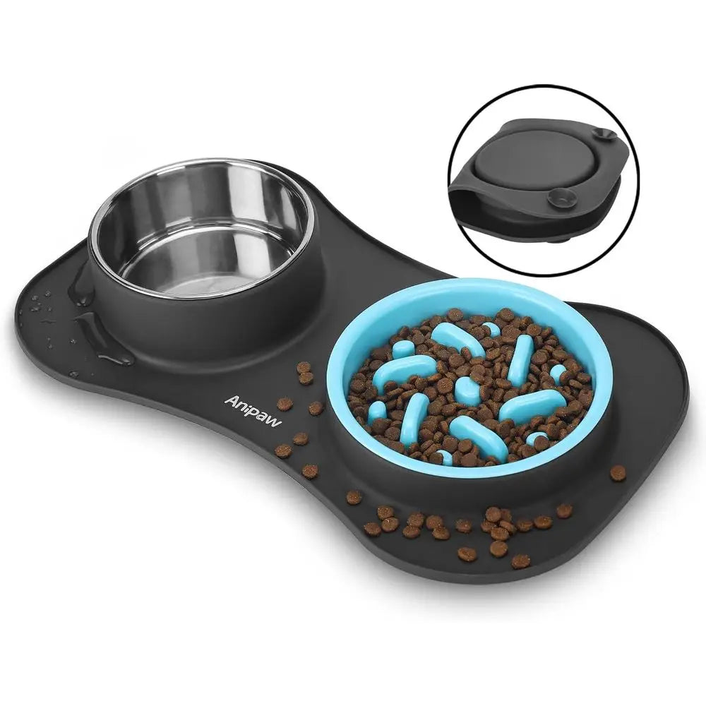 3 in 1 Stainless Steel Food and Water Bowls with Non-Spill and Skid Silicone Mat to Slow Down Eating for Large, Medium, Small Br