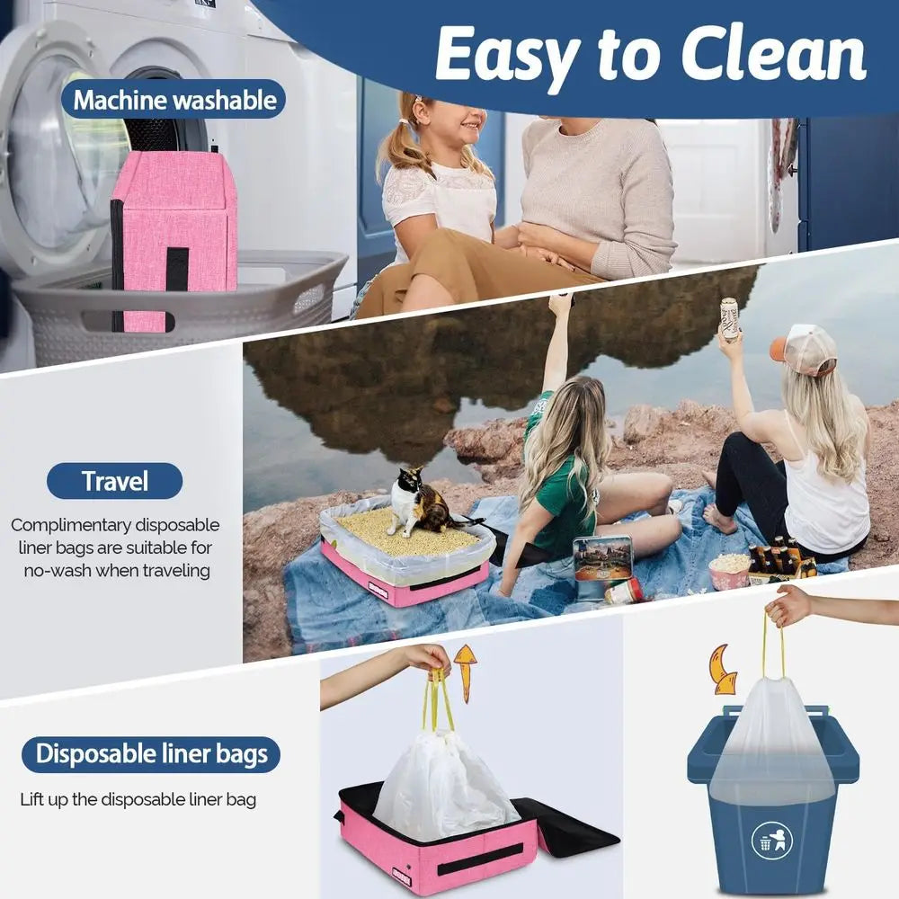 Portable Cat Travel Litter Box with Lid and 10 Disposable Liner Bags, Leak-Proof and Collapsible, Ideal for Car, Hotel, Airplane