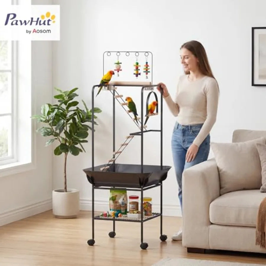Rolling Bird Stand Parrot Playstand With Seed Guard Wheels