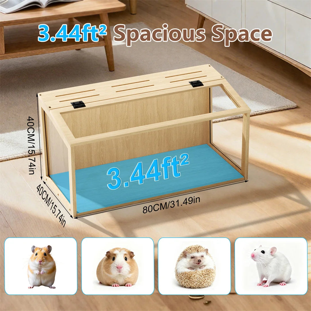 Large Natural Wooden Hamster Cage with Glass Panels, LED Light, Chew-Proof Indoor Habitat for Small Pets
