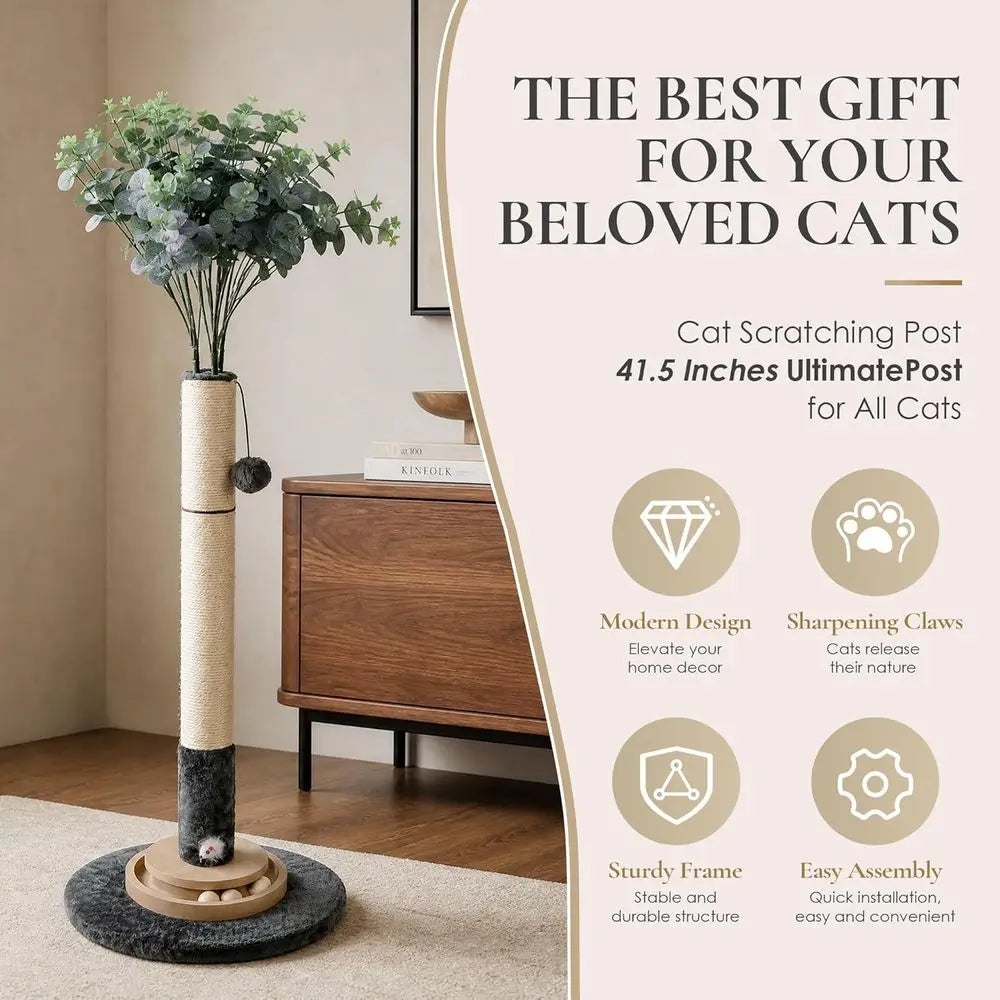 35 Inch Cat Scratching Post, Eucalyptus Sisal Rope Cat Tree Tower with Hanging Ball & Interactive Mouse Toy, Durable Scratcher f