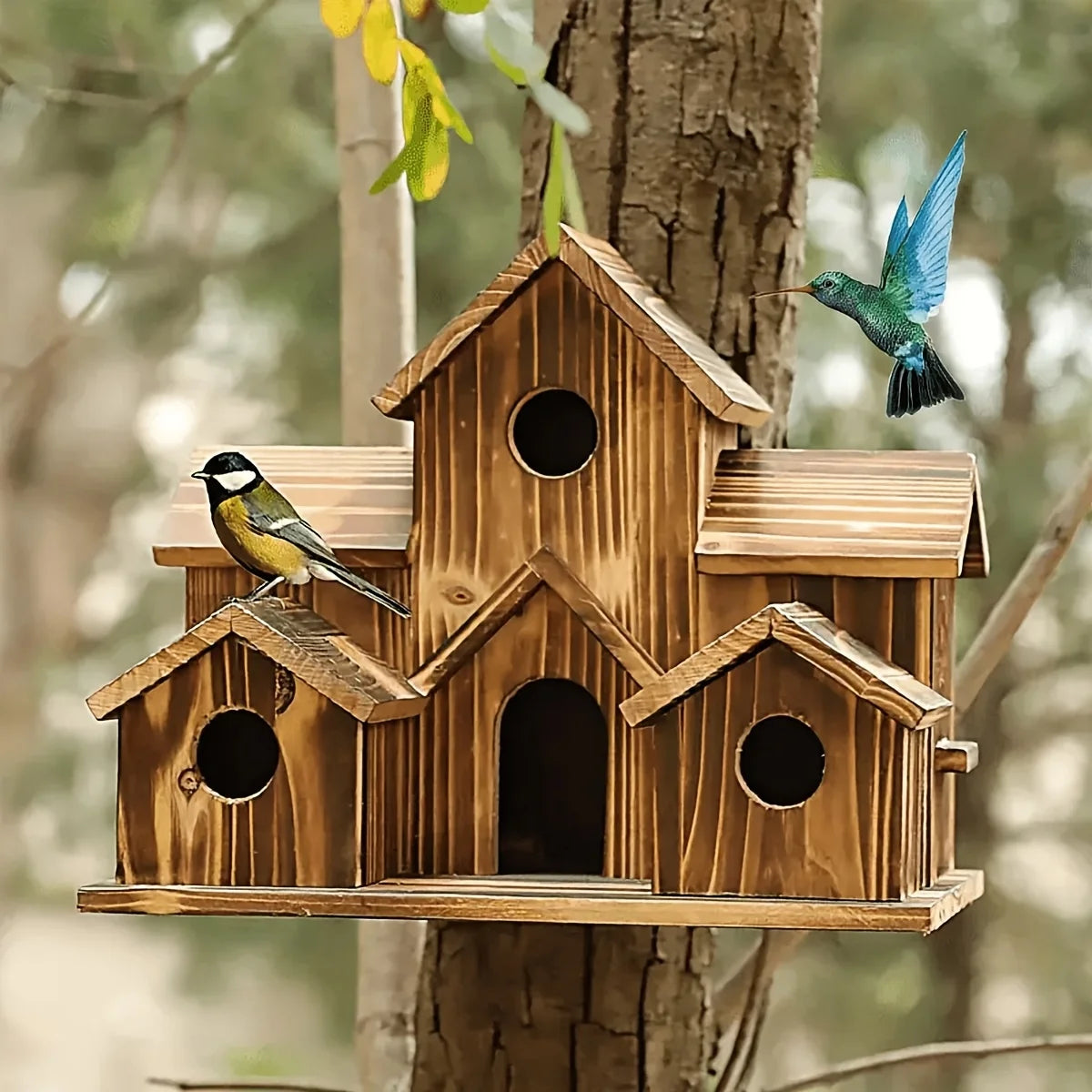 Single Outdoor Birdhouse Designed for Feeding Birds in Countryside Settings, Featuring a Compact House Style Suitable for Bluebirds And Sparrows. Made from Natural Wood, This Hanging Nest Box Is Perfect for Hummingbirds And R