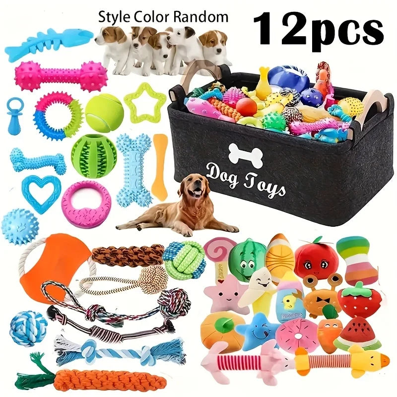 Pawsome Pals 6/12pcs Interactive Dog Toy Set - Durable Cartoon Pattern Fabric Chew Toys for All Breed Sizes - Teeth Cleaning & Training Play Set with Knot Toys, Squeakers & Balls, Without Battery