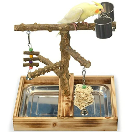 Natural Wood Bird Playground With Perches Removable Tray And Cups