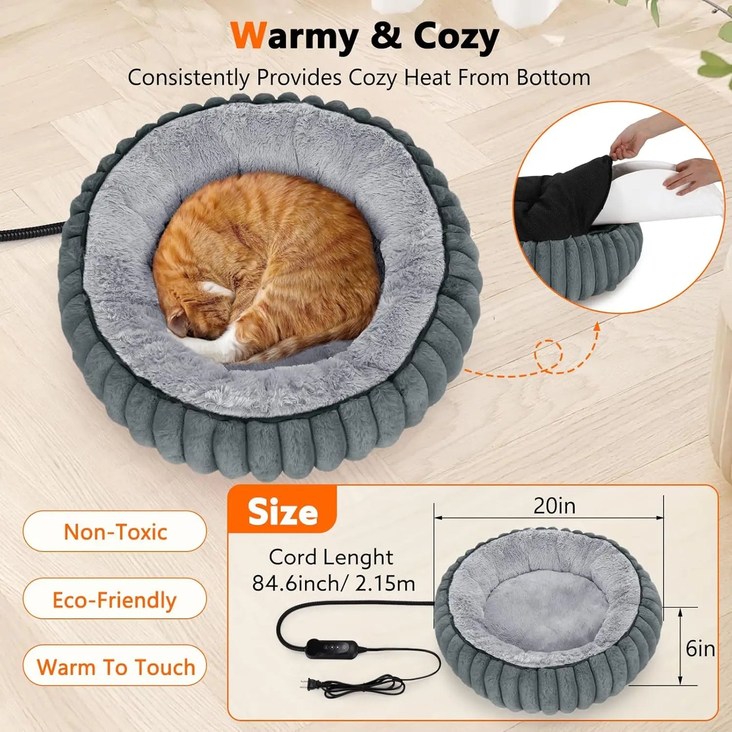 Heated Pet Bed for Cats & Small Dogs, 20" Donut Shape with Timer & Adjustable Temperature, Waterproof Electric Warming Bed