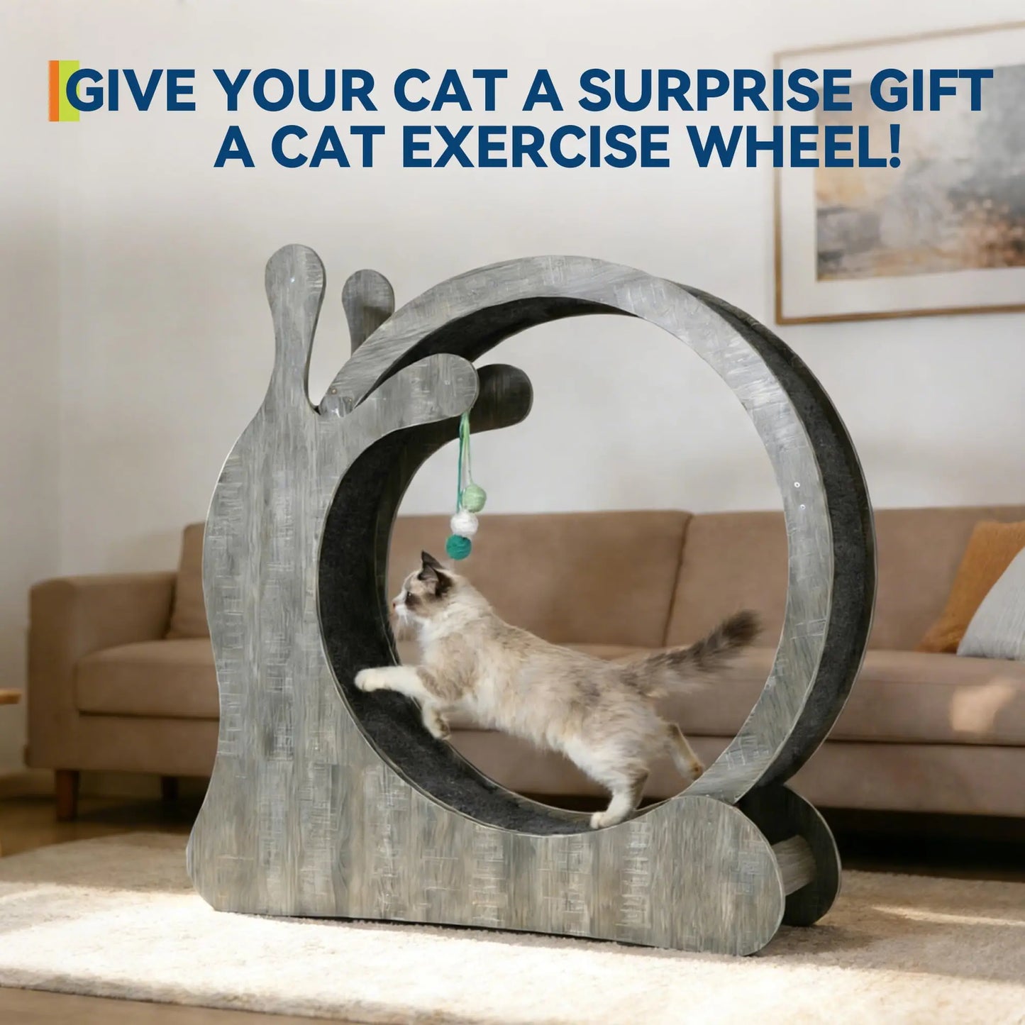 Large Wooden Cat Exercise Wheel, Silent TPE Treadmill for Indoor Cats with Sisal Scratching Pad, Interactive Hanging Balls, Anti