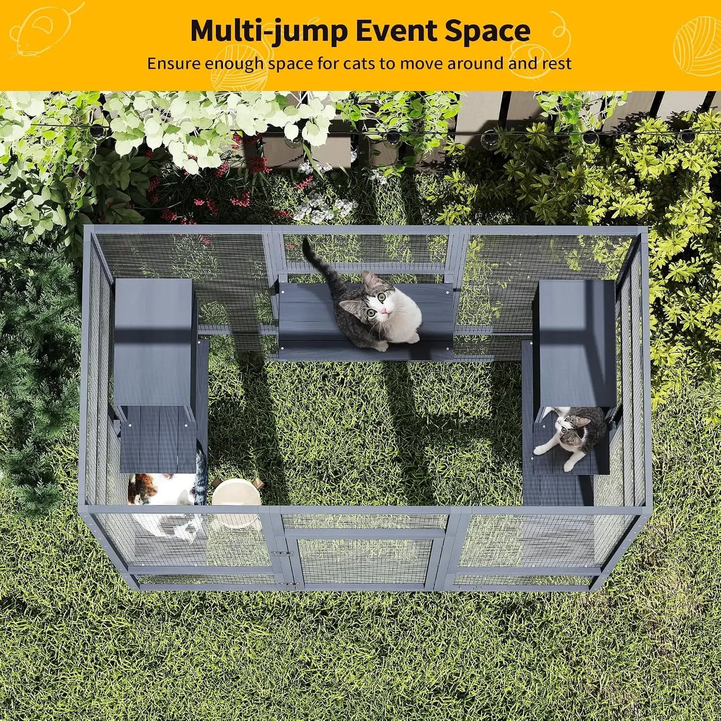 Large Wood Catio Outdoor Cat Enclosure with Waterproof Roof, 5 Platforms & 2 Resting Boxes, UV Resistant (Grey)